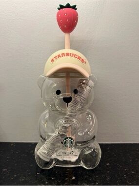 Starbucks Clear Bear Bottle with Pink Straw and Strawberry Top